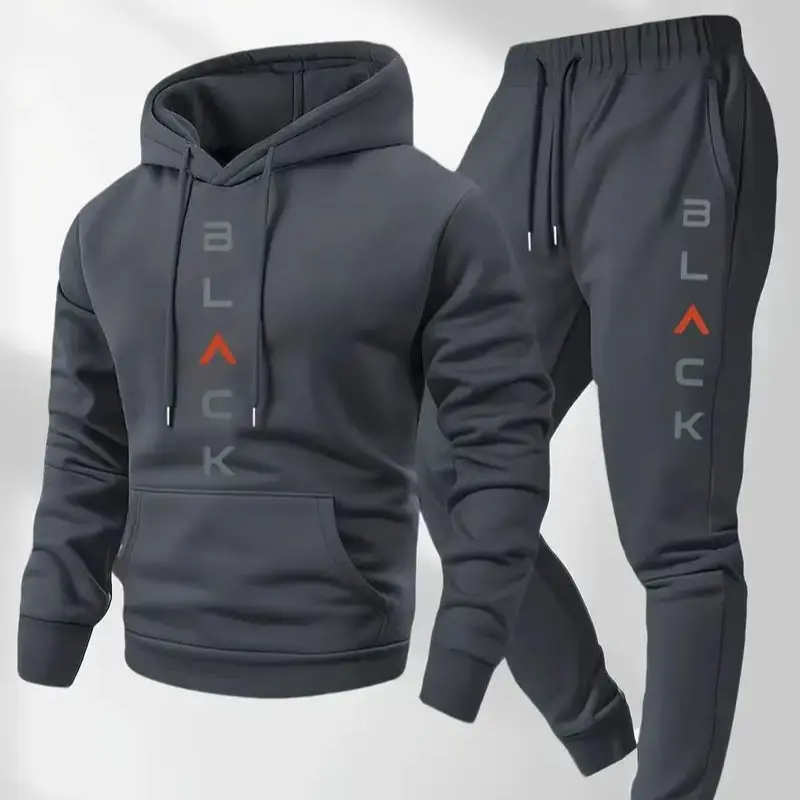 Men's Streetwear Tracksuit Set, Gray 2-Piece Nonstretch Sweatsuit with "BLACK" Letter Print Hoodie and Joggers, Casual Fit, Sweatsuit Set, Mensfashion, Long Sleeve, Matching Hoodie, Joggers Set