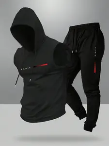 Men's Paris Pattern Sleeveless Hoodie and Jogger Pants Set, Casual Fitness Home Streetwear Tracksuit Set, Comfortable and Stylish