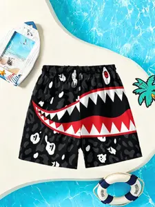 Shark Mouth Camo Print Summer Shorts, Boys' Quick-Dry Beach Pants, Breathable Loose Fit Swim Trunks, Pool, Vacation, Daily Wear, Swimwear Shorts