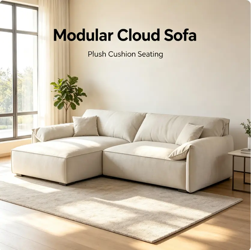 Cream Modular Cloud Sectional Sofa, L‑Shape Chaise Couch, Oversized Plush Deep Seat Upholstered Sofa For Living Room