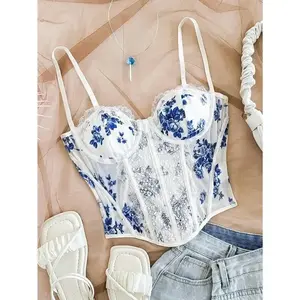 Women Vacation Blue & White Printed Lace-Trim Corset Front Bustier Cami Tank Top Spaghetti Womenswear Fit Soft