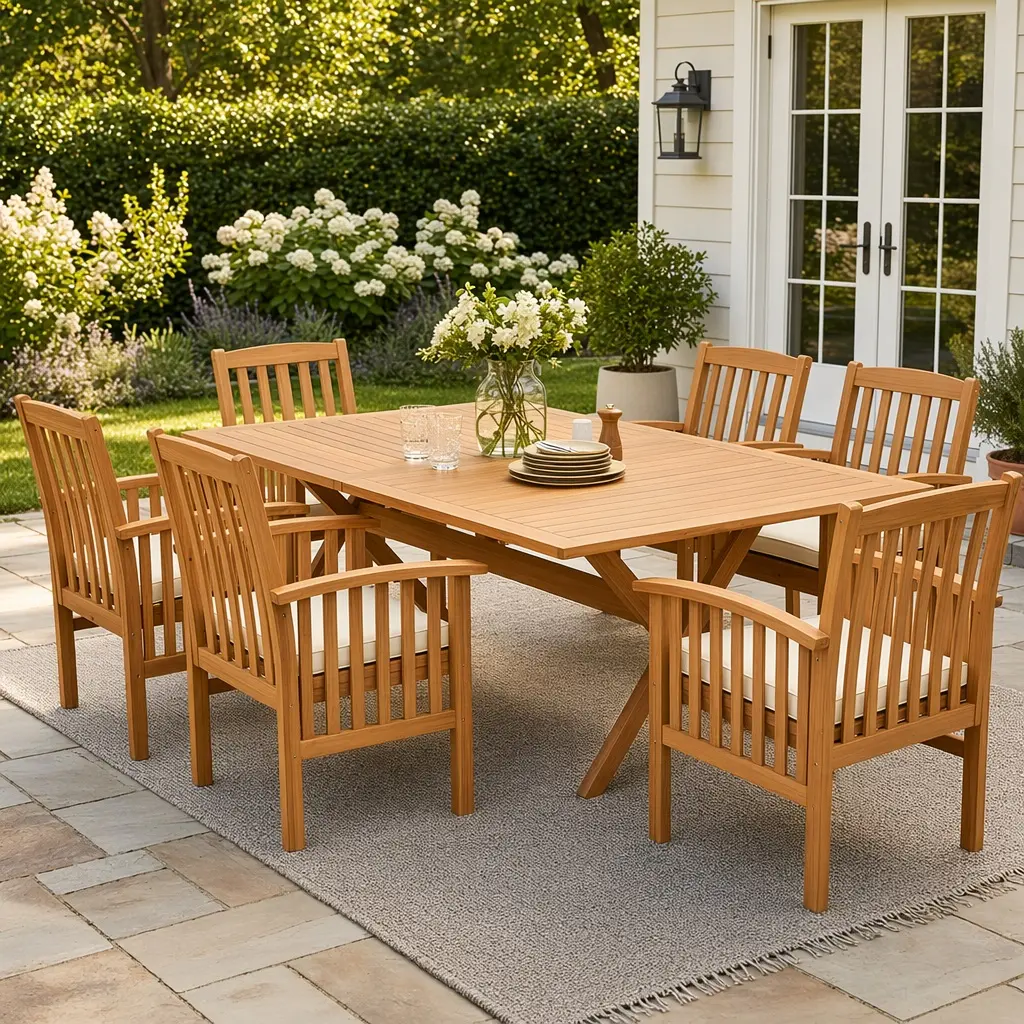 7 Piece Acacia Wood Outdoor Dining Set with Expandable Table and 6 Chairs with Cushions, Teak Finish Patio Furniture Set for Garden, Backyard, Lawn, Deck, Poolside, Seats 6, Brown/Cream/Teak Options, Brown/Cream/Teak Color Options