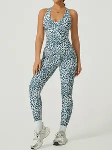 Women's Leopard Print Jumpsuit, Casual Sporty Comfy Breathable Fitness Activewear Jumpsuit for Yoga Gym Workout Running, Ladies Sportswear for Spring & Fall
