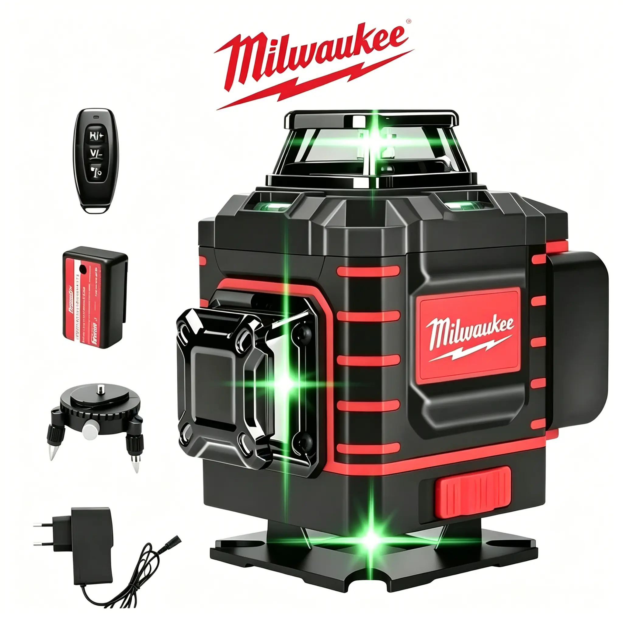 Milwaukee Green Line Laser Level, Wall Installation And Indoor Construction Layout, Features Bright Stripe Laser Beam And Remote Control Operation, Package Includes Battery Pack, Charger And Rotating Base