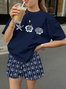 Viral TikTok Beachy Matching Set, Oversized T-Shirt & High Waist Shorts With Seashell Print, Aesthetic Summer Outfit For Beach Trip & Streetwear