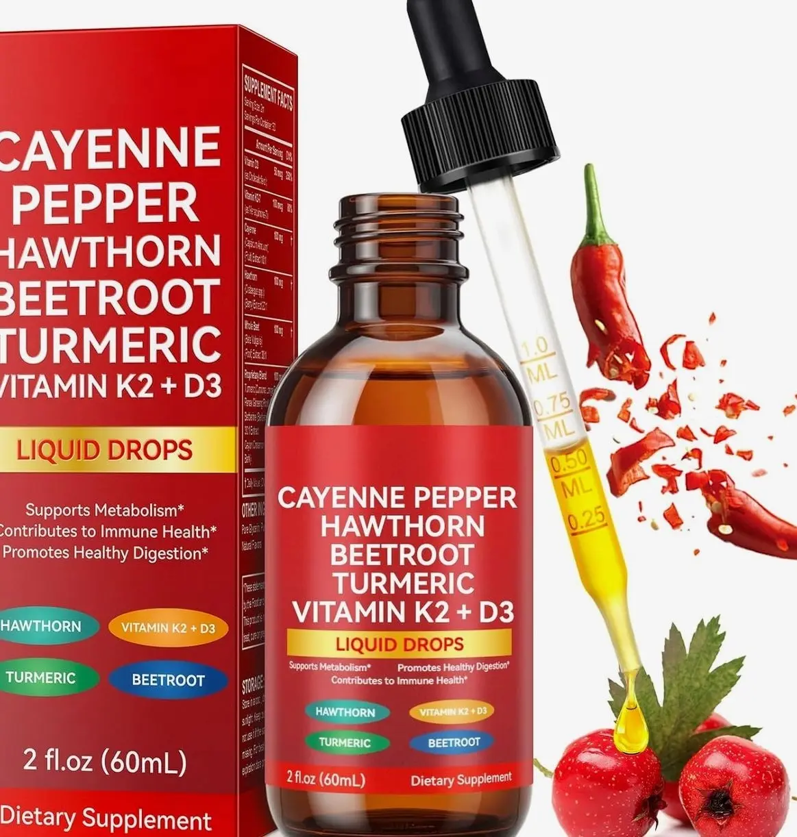 Cayenne Pepper Drops, Cayenne Pepper Supplement, with Hawthorn Berry, Vitamin D3 K2 Beet Root Powder, Ceylon Cinnamon, Turmeric Curcumin, Vegan-Friendly, Easily Absorbed - 60ml