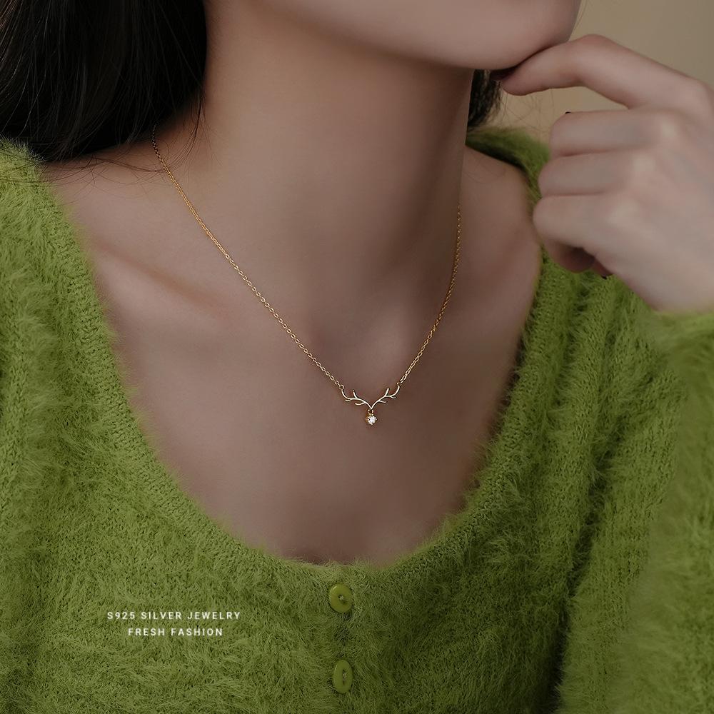 SheLuxeLife | S925 Sterling Silver "One Deer with You" Deer Antler Necklace for Women – Fresh Forest Style, Elegant Collarbone Chain, Christmas Gift