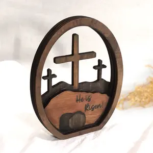 He is Risen Decor Wooden, Christian Resurrection Scene Empty Tomb, Christian Table Decorations Indoor, Catholic Cross Jesus Religious Easter Gifts Decor
