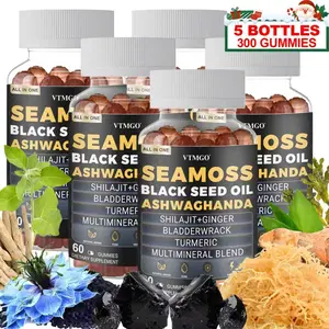 5 PCS - Sea Moss, Black Seed Oil, Ashwagandha, Ginger, Shilajit Gummies with Elderberry - Dietary supplement for energy boosting, suitable for both men and women.