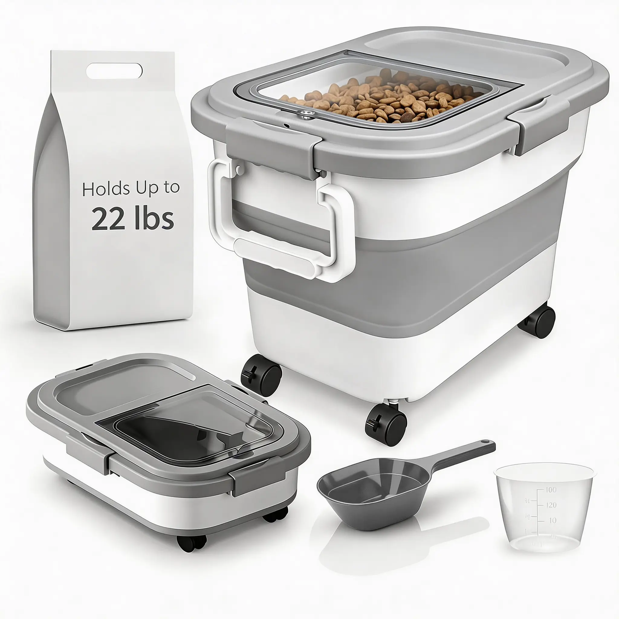 Airtight Collapsible Polyethylene Plastic Food Storage Container for Medium Dogs - Uncharged, Spill-Free, with Scoop & Measuring Cup, Kitchen Pantry Sealed Bin for Pet Supplies, Rice, Flour