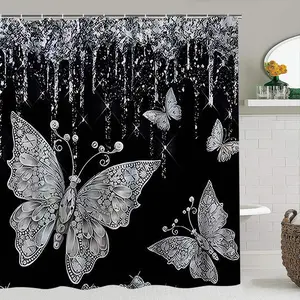 Creative Silver Bathroom Set, Lace Texture Butterfly Pattern, Shower Curtain, Toilet Seat Cover, Bath Mat, U-Shaped Pad, Home Decor