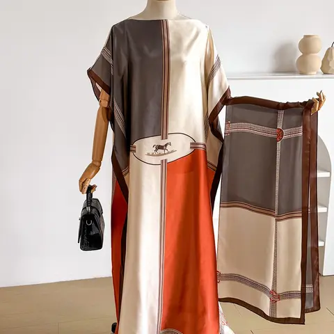 Women's Elegant Animal Print Set, Long Dress Robe Shawl + Silk Scarf, Beach Sun Protection, All Seasons Fashion, Swimwear Coverups, Beachwear Coverups, Swimsuit Cover Up, Bikini Coverup, Summer Swimming Cover