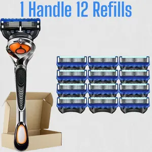 Men's Razor Blade Set, 12/24/48 Refills with Swivel Handle, 5 Layer Blades, Sealed, Waterproof, Rustproof