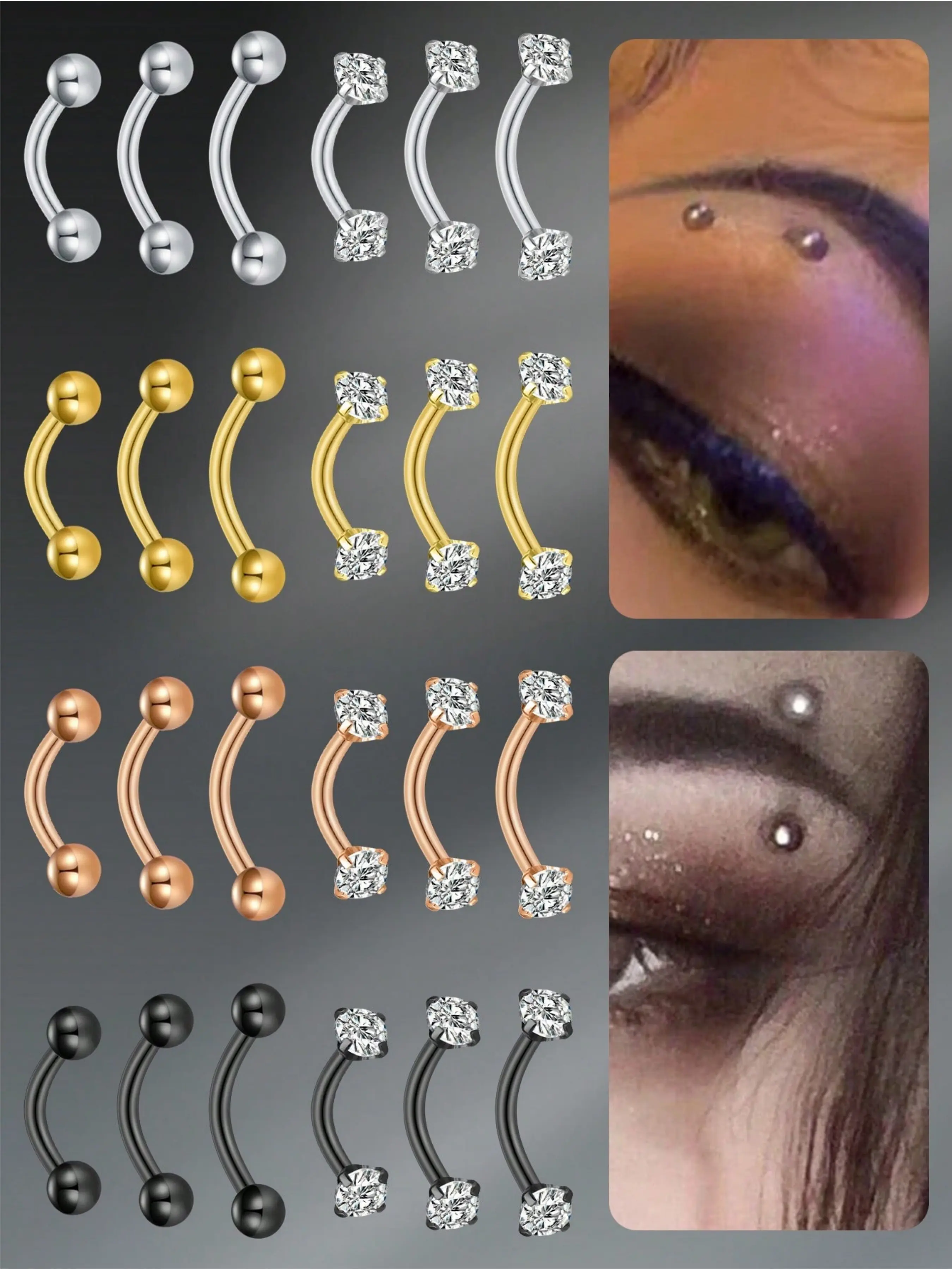 3pcs Funky Stainless Steel Cubic Zirconia Eyebrow Ring For Women Men For Daily Decoration, Rook Earrings 6/8/10mm Gold Black Eyebrow Studs Eyebrow Piercing Jewelry Body Piercing Jewelry Earrings Studs Helix Conch Tragus Earrings