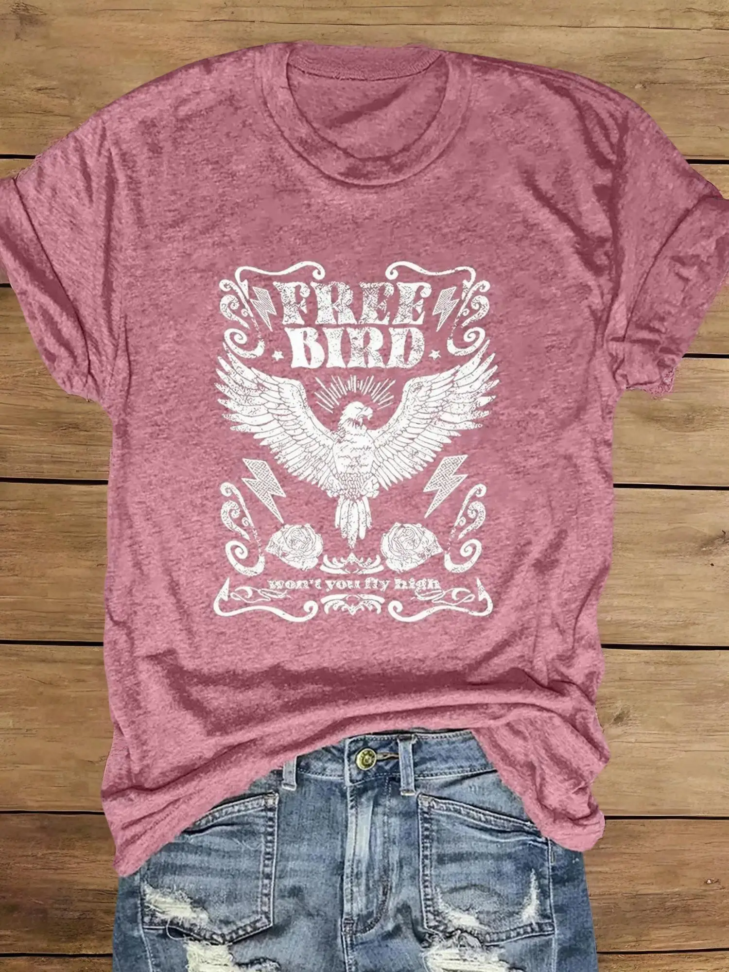 Women's Eagle Print Round Neck Vintage Graphic Tees, Summer Tees, Vintage Trendy Casual Soft Floral & Letter Graphic Short Sleeve T-shirt for Daily We