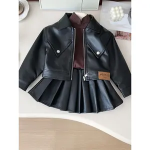 New 2pcs Set for Girls, All-Season Wear, Trendy Frontline, Metal Zipper, Lapel Long-Sleeve Outer Jacket, Faux Fur Parka Style, Pleated Skirt, Mini Skirt, Elastic Waist, Super Cool and Stylish, Street Style, Sweet and Cool Vibe, Easy to Care