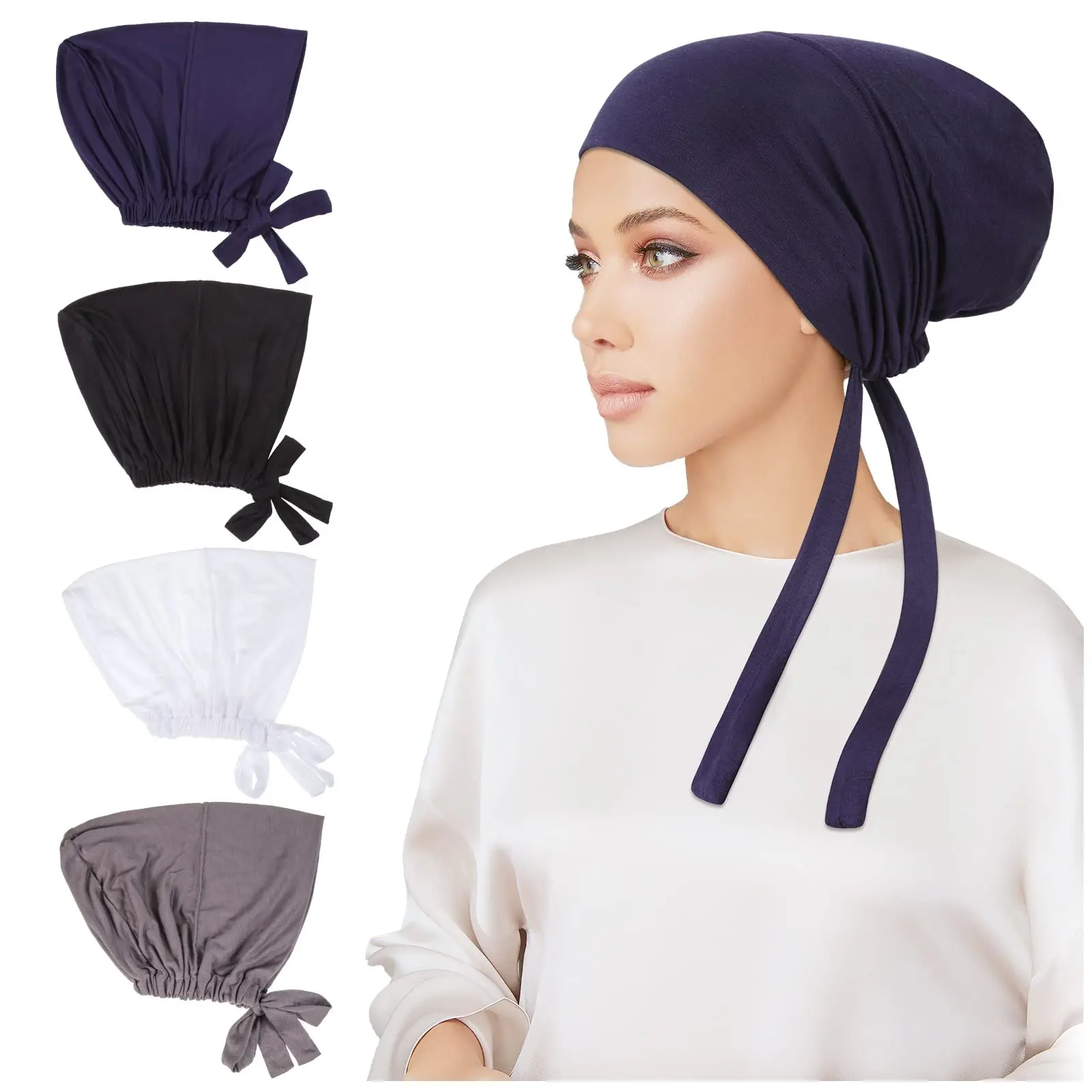 4-Pack Women Hijab Undercap Set - Soft Stretch Tie Back Muslim Under Scarf Cap & Turban Headwear