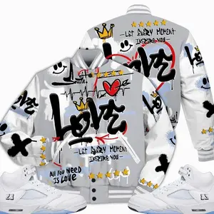 Retro White Metallic 5s Outfits Varsity Jacket, Happy Love Beats Graffiti Outfits Streetwear Unisex Sneaker Matching Shirts