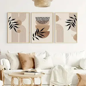 3-Piece Modern Bohemian Canvas Art Prints with Wooden Frame, Geometric Leaf Design, Home Decor Wall Art, Made in China