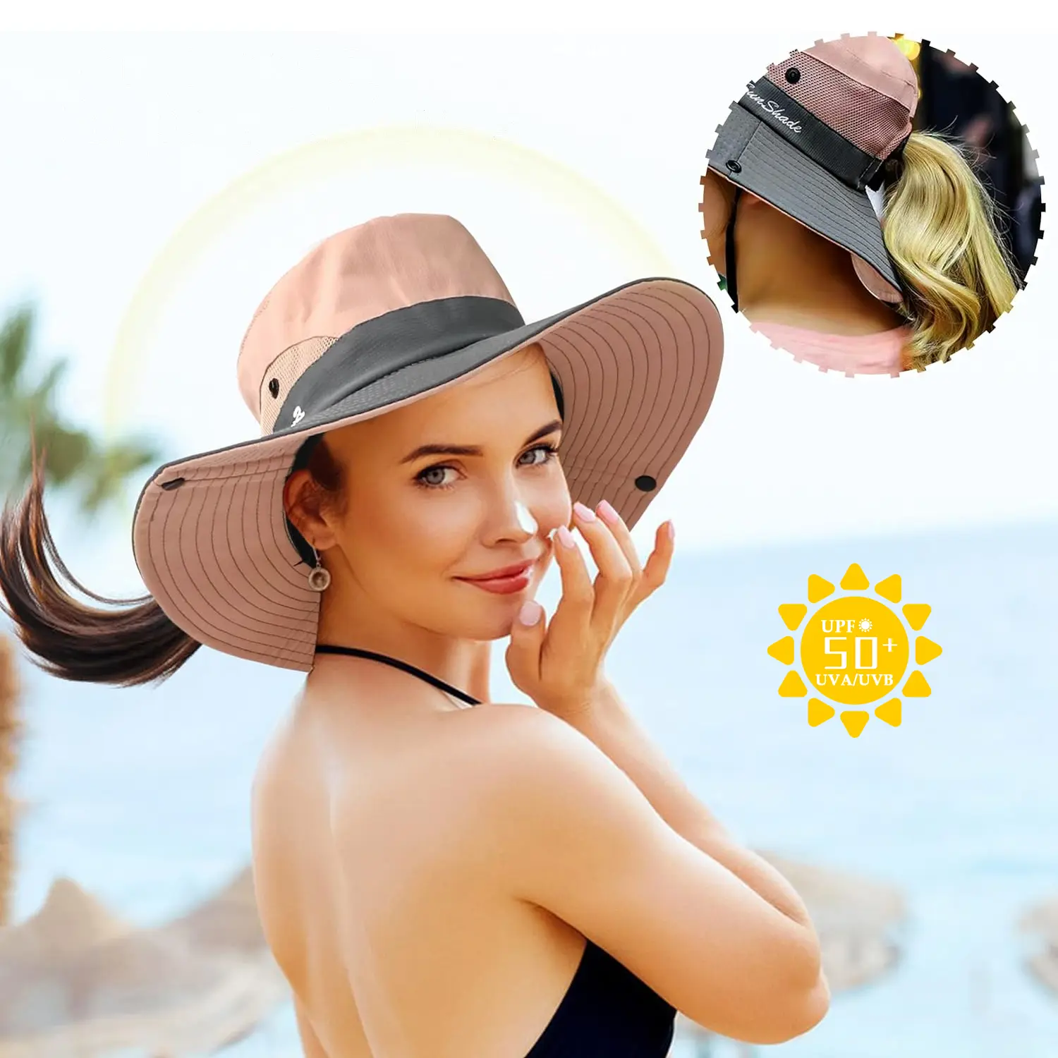 UPF 50+ Packable Sun Hat with Ponytail Hole and Chin Strap Beach Sun Hat with Ponytail Hole UPF 50+ UV Protection  main image 2