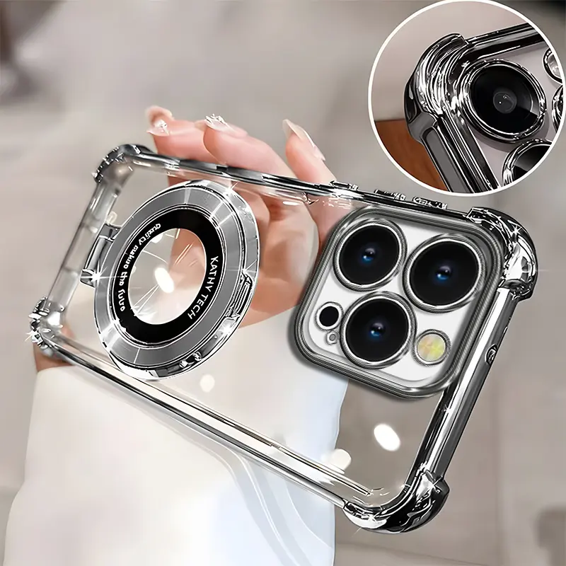 Suitable for [iPhone 14 Pro] high-end phone case🥰, Electroplated Luxury Clear Phone Case with Ring Stand Holder 4-Corner Shockproof Camera Protective Cover 952