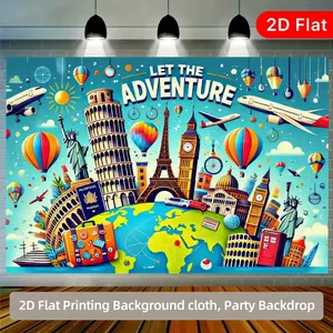 2D flat 1pc travel theme party background cloth, global adventure landmark decorative wall cloth, used for travel theme birthday parties, graduation travel parties, geographical theme event decoration supplies, polyester material
