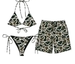 Duck Camo Pattern Matching Couples Swimwear Set with Iconic Beverage Graphics Adjustable Womens Tie Side Thong Bikini & Mens Beach Swim Shorts Hawaiian Style Summer Vacation Beachwear