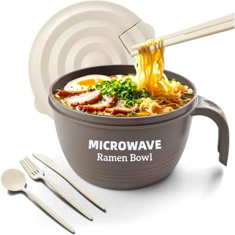 45 oz Sturdy Modern Ramen Bowl Set - Synthetic Material, Steam Vent Lid, Microwave-Safe Noodle Tableware for College Dorm Rooms, Serving & Party Use (Brown)