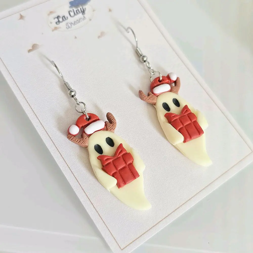 La Clay Dreams Cute Christmas Ghosts Earrings with Reindeer Horns Glows in the Dark Handmade Polymer Clay Earrings for Festive Wear