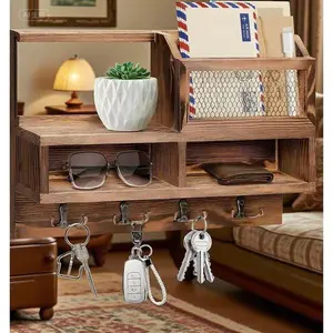 Wooden Wall Organizer with Chalkboard and Mirror, Mail and Key Holder with 8 Hooks, 3 Greeting Cards Included, Rustic Brown Home Decor, Space-Saving Entryway Storage Solution mail holder rectangle design car picture holder vintage home decor home d usb re