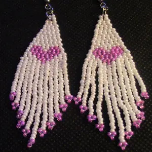 Handmade Beaded Pink Heart Dangle Earrings