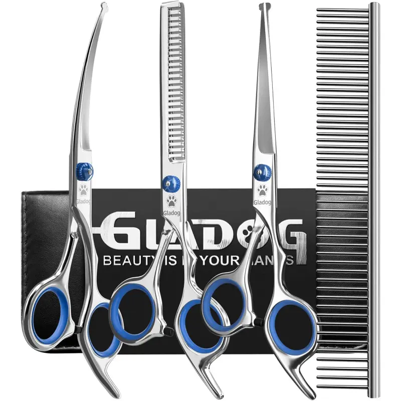 Professional 5 in 1 Dog Grooming Scissors Set with Safety Round Tips, Sharp and Heavy-duty Pet Grooming Shears for Cats Grooming Tools, Groomer Tools