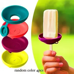 4Pcs Silicone Ice Cream Holders, Leak-proof Cone Support Stands, Portable Popsicle Trays, Dishwasher Safe with Handle, Portable Summer Ice Pop Holders for Kids, Random Colors