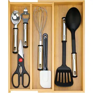 Large Bamboo Silverware Drawer Organizer Tray Kitchen Tool Drawer Divider Organizers Storage Expandable Cooking Utensil Organizer Wooden Cutlery Tray Spoon Flatware Organizers Utensil Holder Drawers
