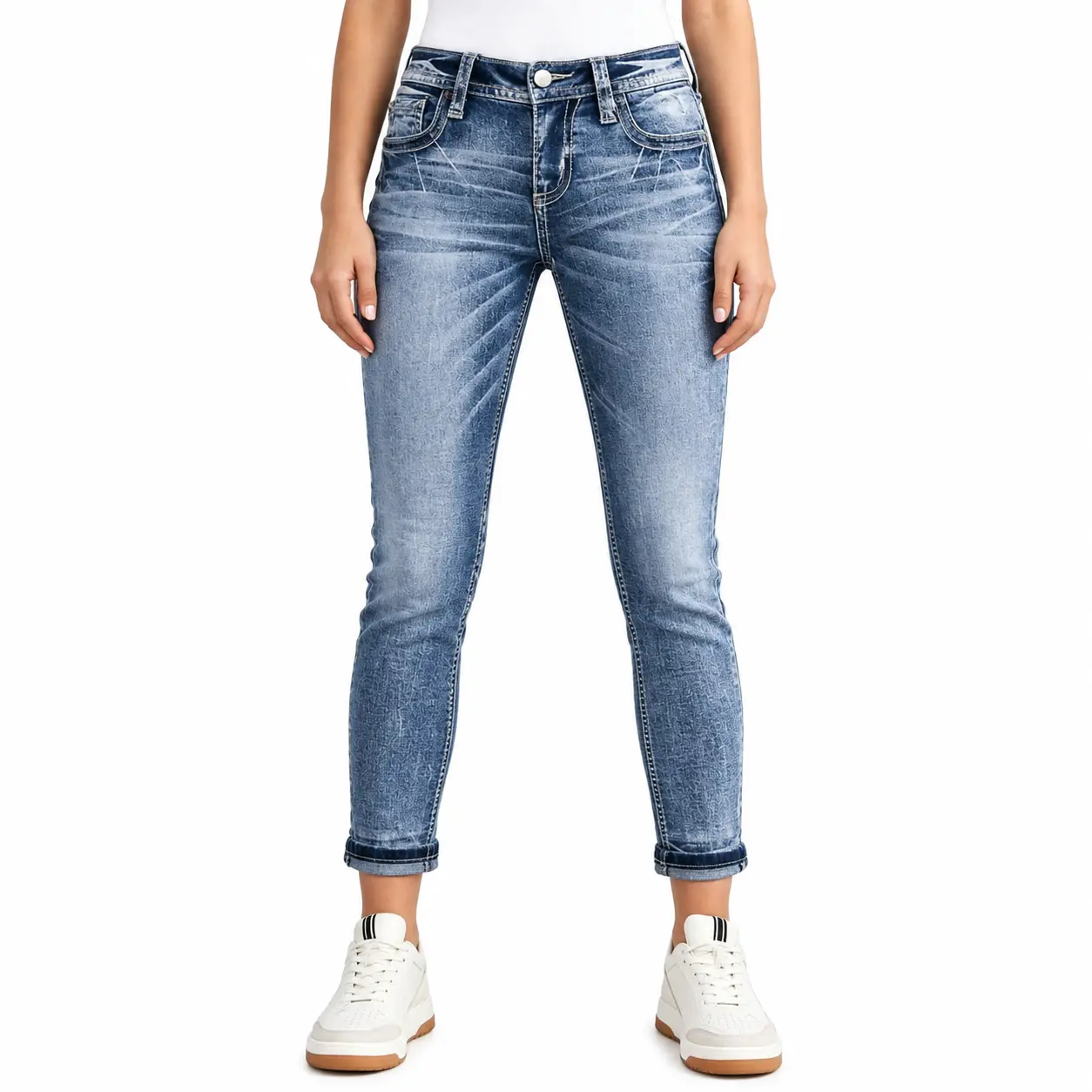 Women’s High-Rise Slim-Fit Blue Denim Blend Cotton Jean Pants - Ankle Cuffs, Button Fly, Pockets, Casual Street Everyday Fashion Bottoms