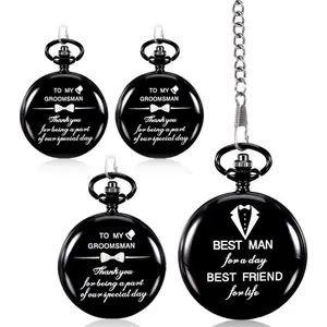 4 Pcs Engraved Roman Numerals Quartz Pocket Watch with Chain, Perfect Groomsman Gifts for Wedding Best Man Proposal