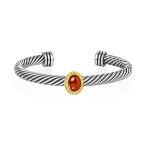 Aprilery Twisted Cable Open Cuff Bracelet Two-Tone Minimalist Design with Warm-Tone Bead for Everyday Wear