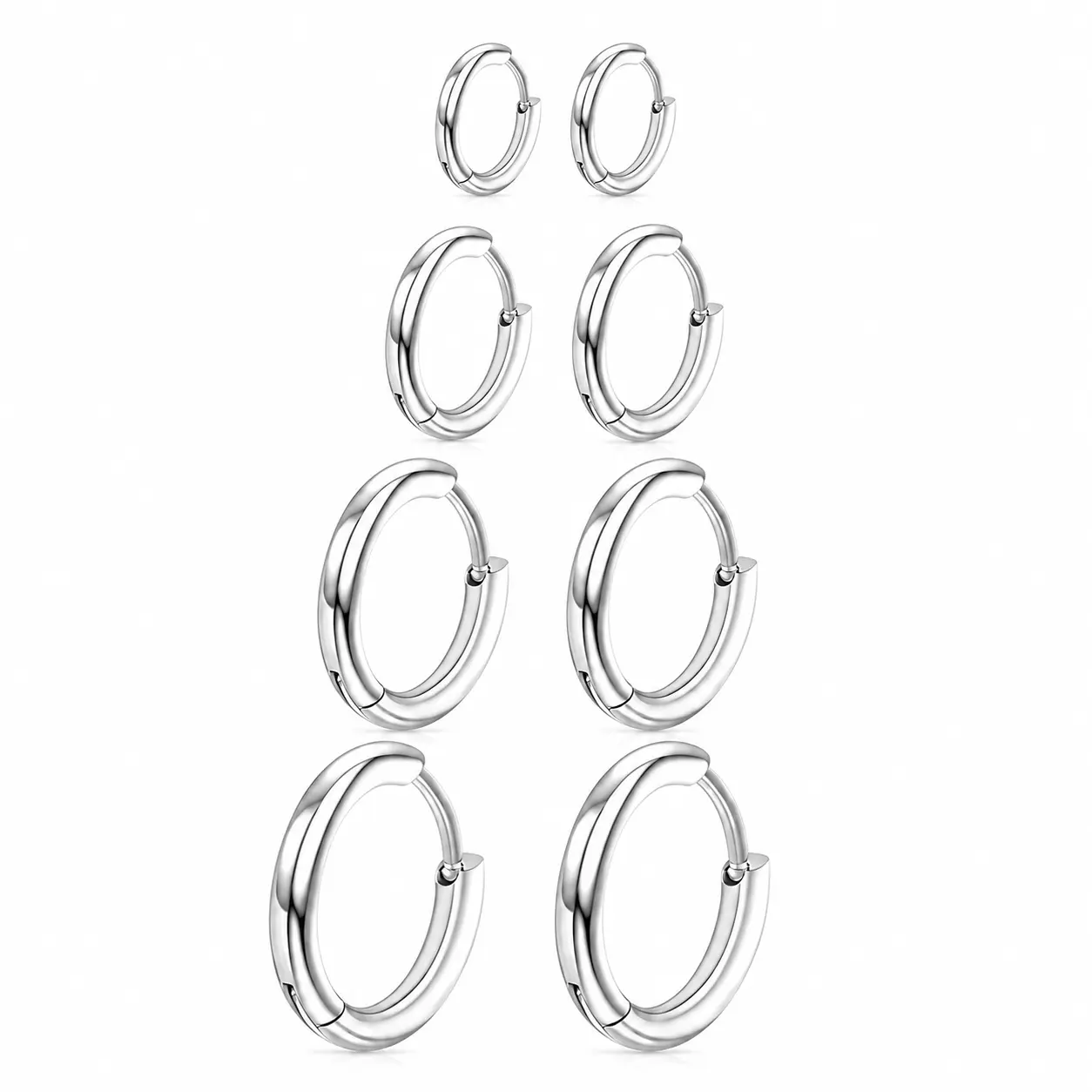 4 Pairs 316L Surgical Steel Hoop Earrings for Men Women Silver Hypoallergenic Cartilage Piercing Hoops 8mm 10mm 12mm 14mm