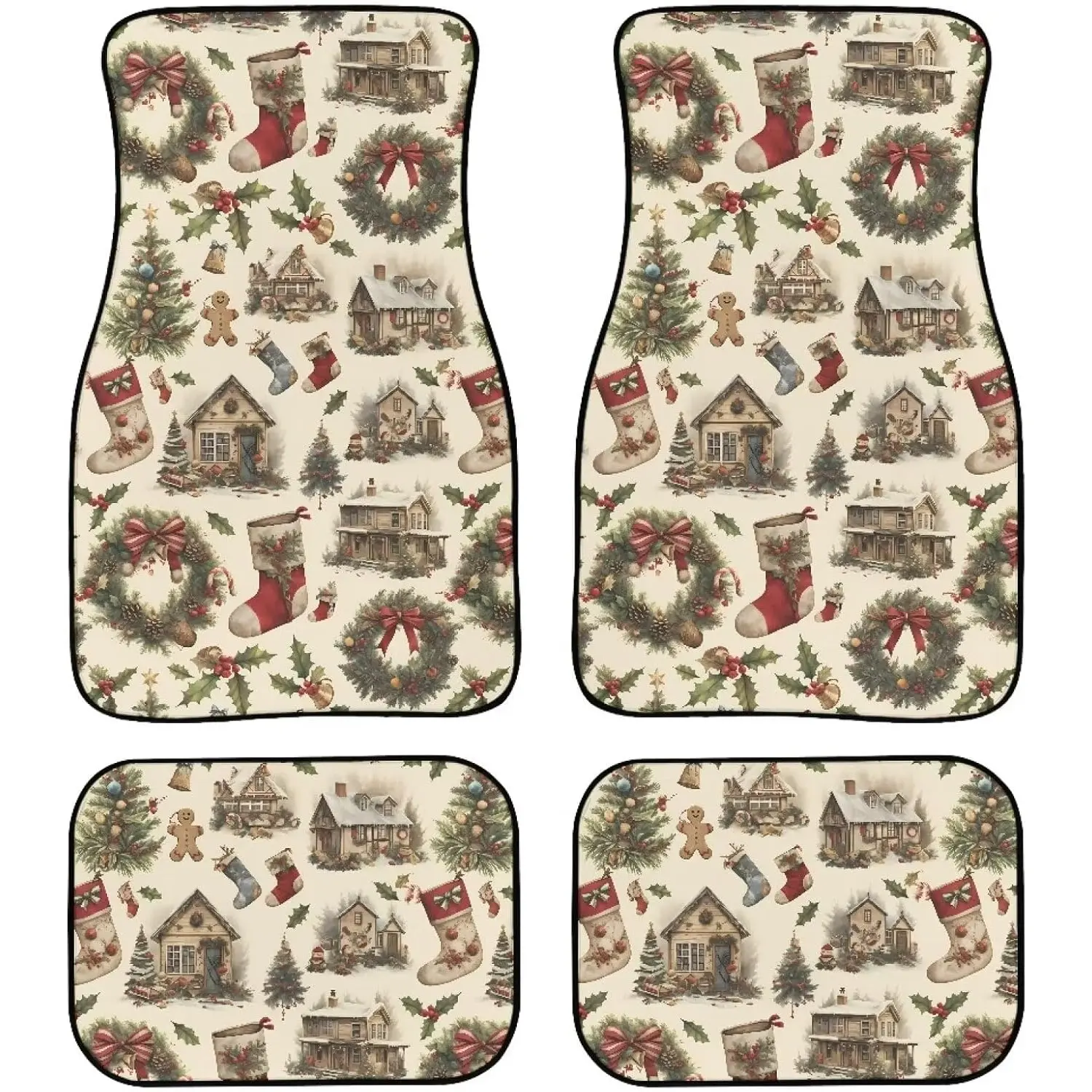 Gingerbread Car Mats Set Retro Christmas Tree Stocking Carpet Vehicle Floor Mats Car Decor Xmas House Accessories Front 2nd Row Floor Mats for Seat ﻿