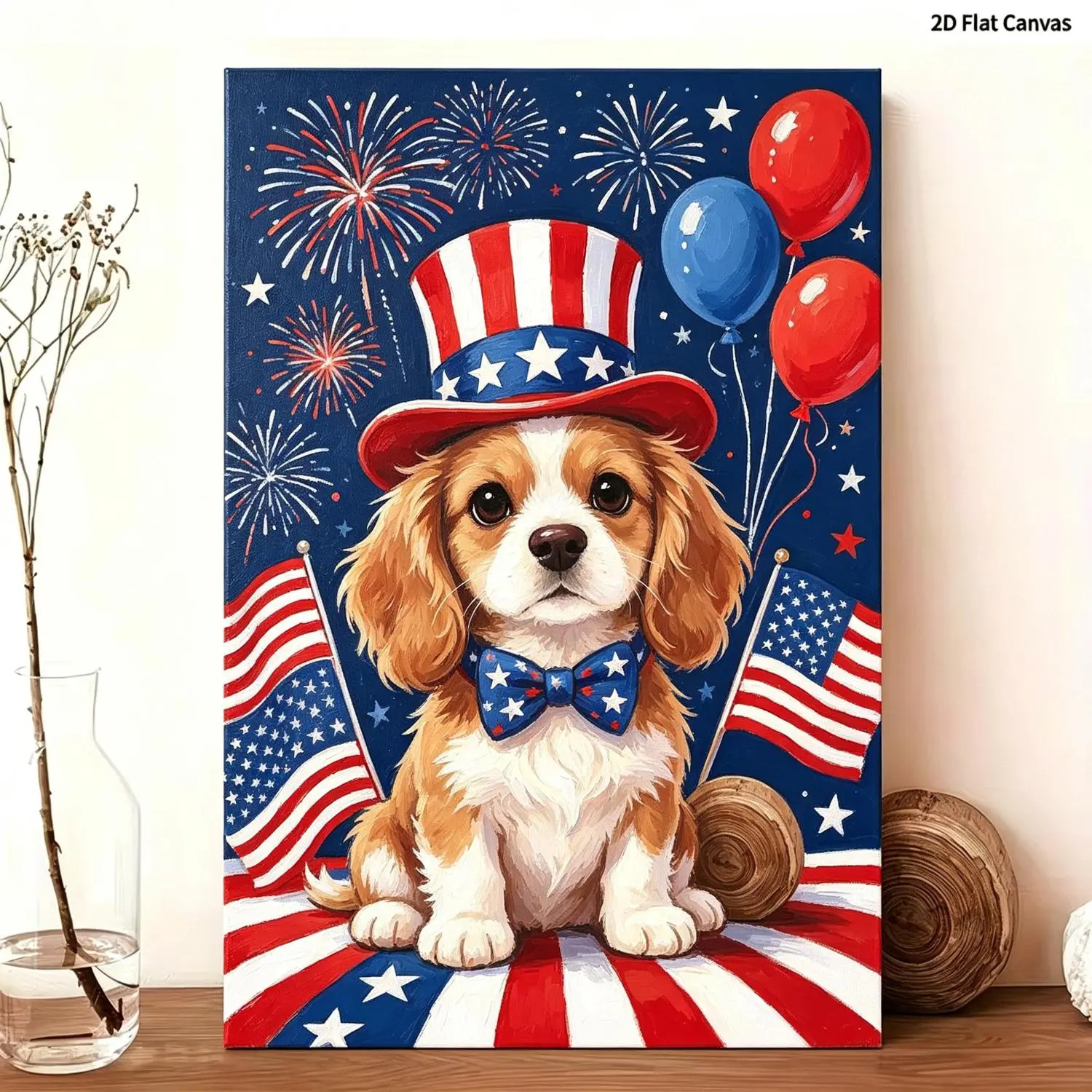 Independence Day Themed Canvas Wall Art, Cute Furry Friend Pattern, Viral Festival Decor, Premium Art Print for Indoor Space and Holiday Party Layout