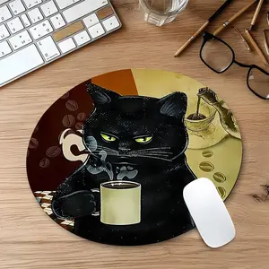 Sassy Black Cat Coffee Pattern design Round Gaming Mouse Pad, Stylish Desktop Protector with Non-Slip Rubber Edges, Waterproof Small Size for Laptops and Desktops, Ideal Gift for Kids and Gamers, Non Slip Mousepad
