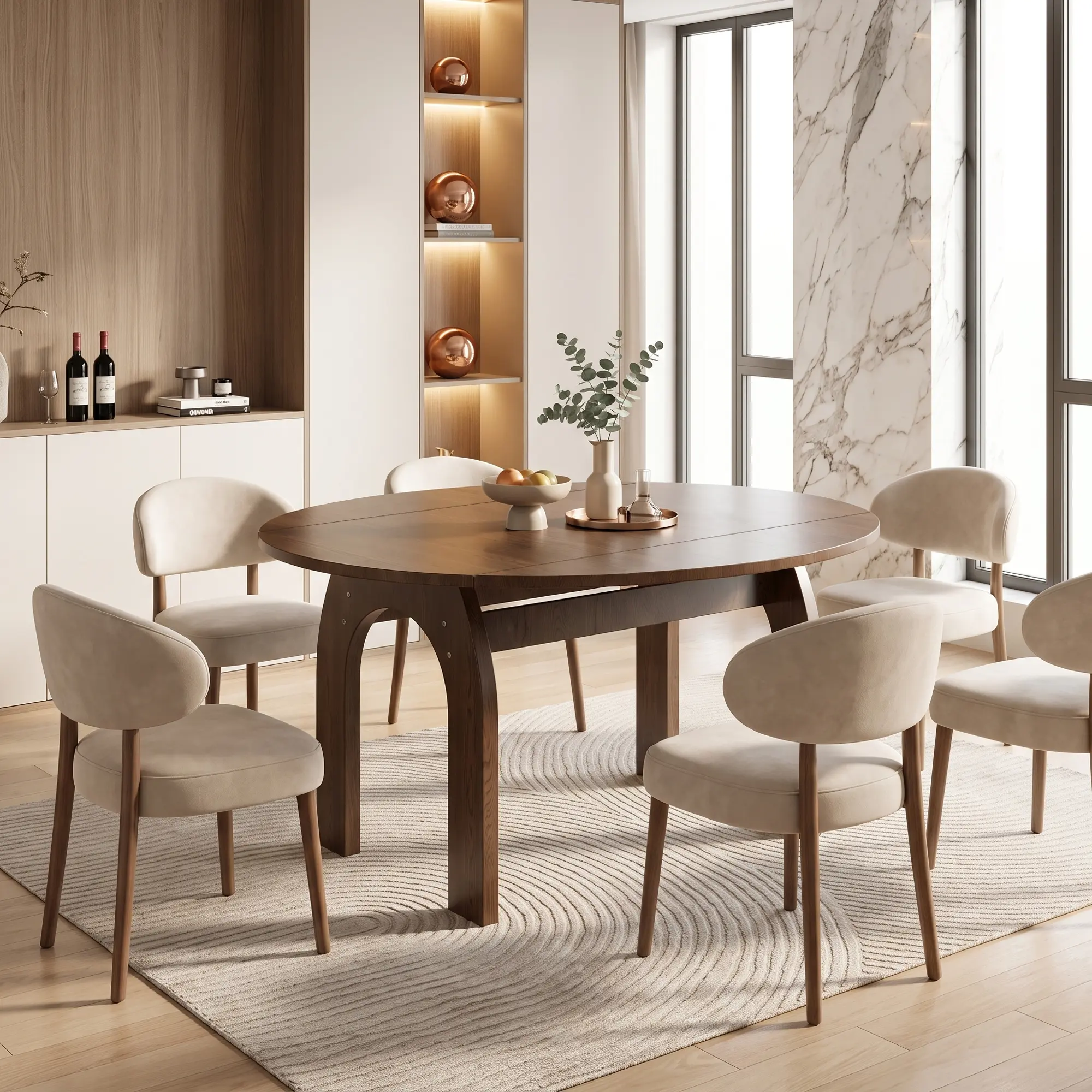 100% Solid Wood Farmhouse Extendable Dining Table - 51.2in Walnut Finish Drop Leaf Oval-to-Round Convertible Table with Arch-Shaped Legs, Natural Grain, Simple Setup for Small Home Apartments