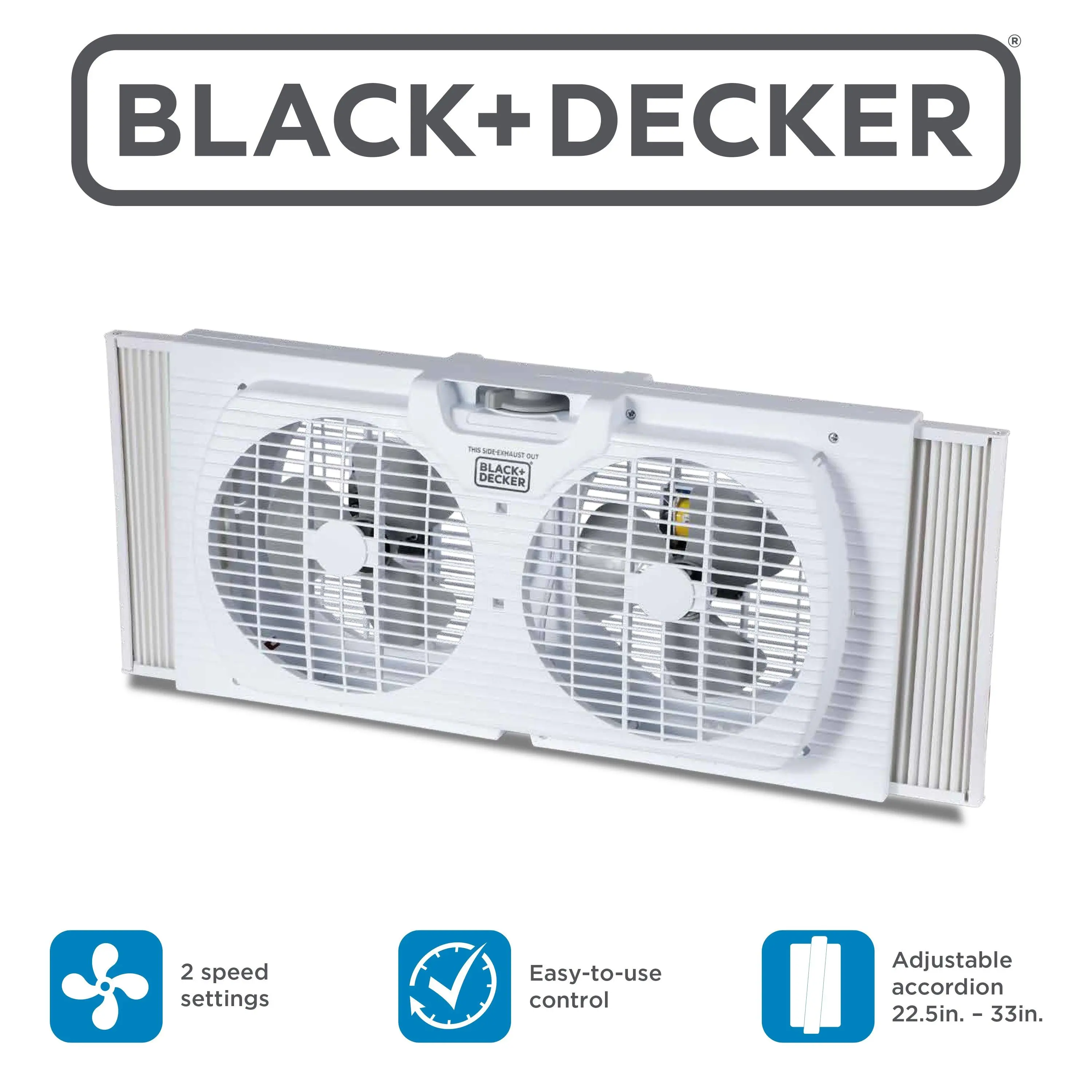 BLACK+DECKER 9" Dual Window Ventilation Fan - 2-Speed Mechanical Dial Control Twin Poly Fan Heads, Removable Legs, Space-Saving for 33" W Max Sliding Windows with Accordion Expanders, 2 Speed Settings