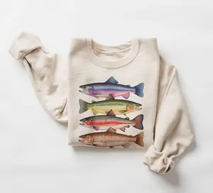 Abstract Colorful Trout In A Row Sweatshirt - River Fish Trout Species Outfit - Fly Fishing Gift - Boho Unisex Crewneck Sweatshirt, Unisex Cotton Crewneck Menswear Womenswear Streetwear Top