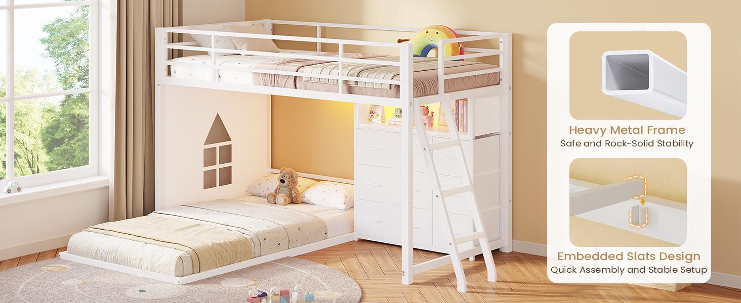 Hasuit Twin Over Twin Bunk Bed with 9 Storage Drawers, Twin Bunk Beds for Kids with LED Lights and Charging Station