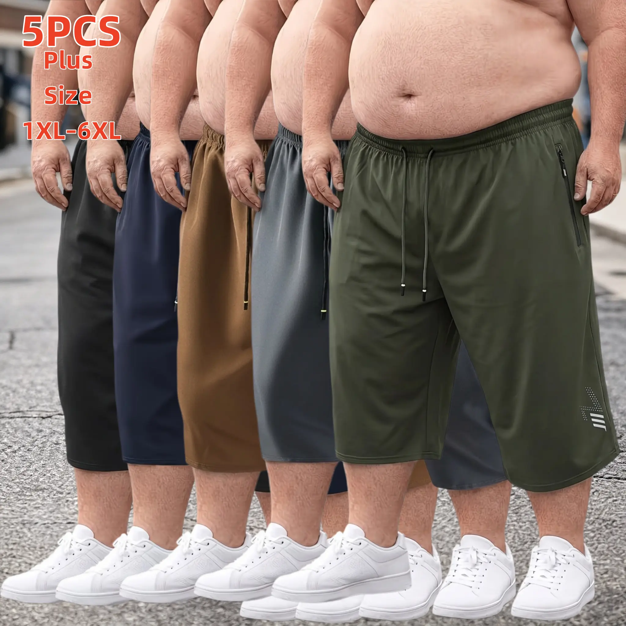 5-Pack Plus Size Men Quick Dry 7/8 Athletic Capri Shorts Elastic Drawstring Waist Zipper Pocket Loose Oversize Workout Cropped Pants 1XL-6XL male capri pants men's shorts 5 pack mens shorts short shorts shorts for summer