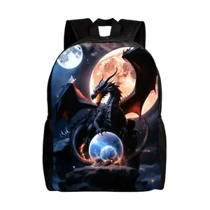 Dragon Under Moonlight Backpack, Mystical Fantasy Printed Daypack with Laptop Compartment, Lightweight Large Capacity Bookbag for Travel, Hiking, School, Work, Cool Mythical Style Bag for Men Women, Unique Gift for Fantasy Fans