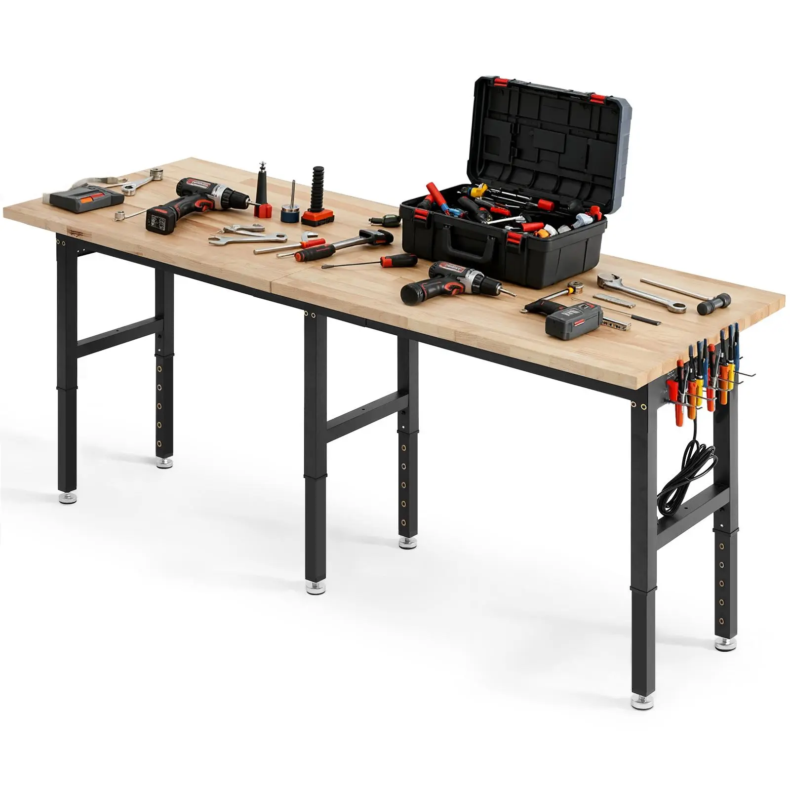 【Summerfinds】VEVOR Adjustable Heavy-Duty Oak Wood Workbench, 96 x 24 Inches, 5000 lbs Capacity, 4 AC Outlets, 2 USB Ports, 10 ft Power Cord, 20 Hooks, Dual Side Pegboards, for Garage, Workshop