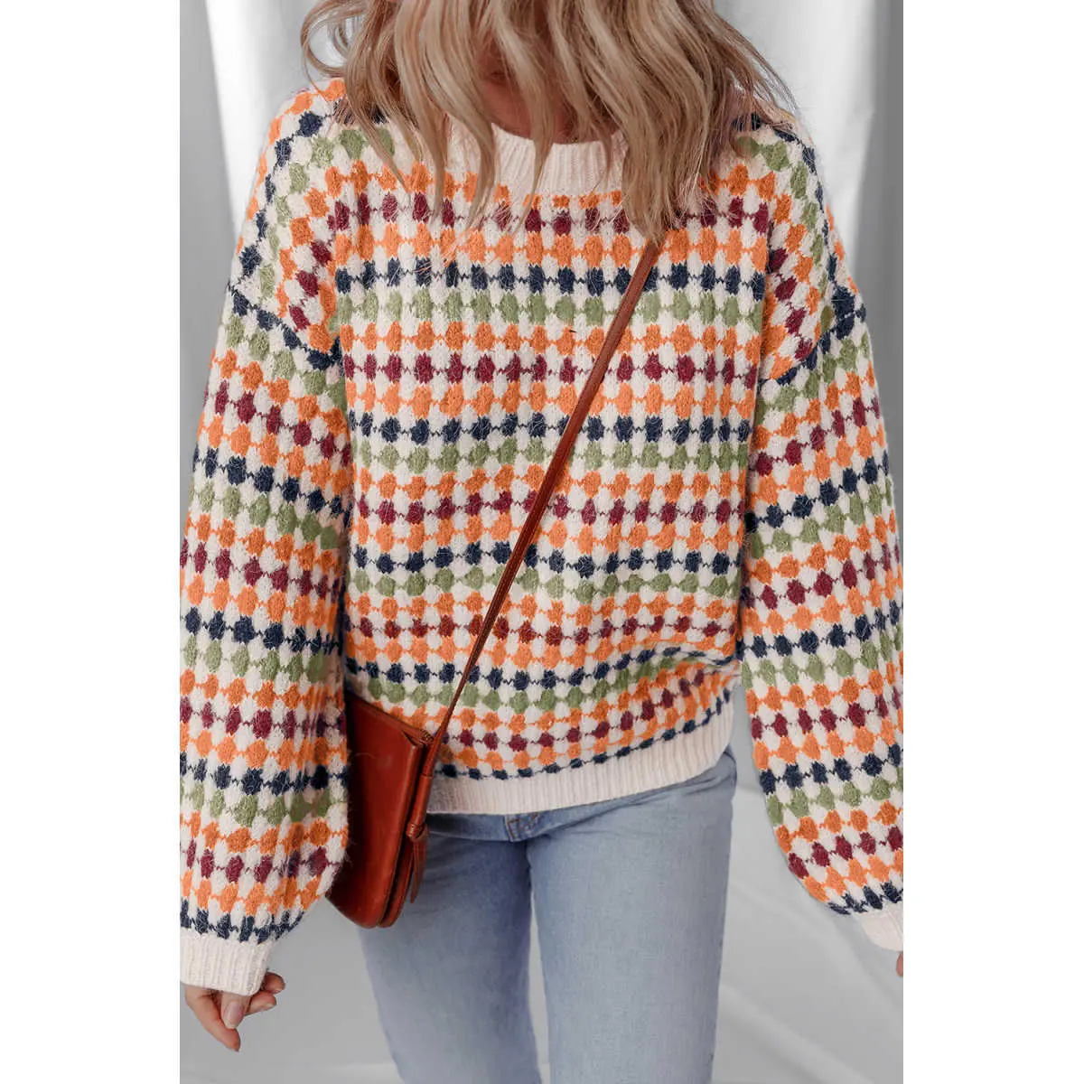 Multicolour Dotty Striped Pattern Knit Drop Shoulder Sweater