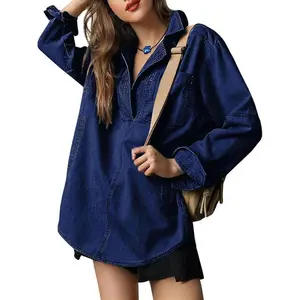 Women'sLongSleeveDenimTopsCasualVNeckLooseFitJeanPulloverShirtJacketwithPockets